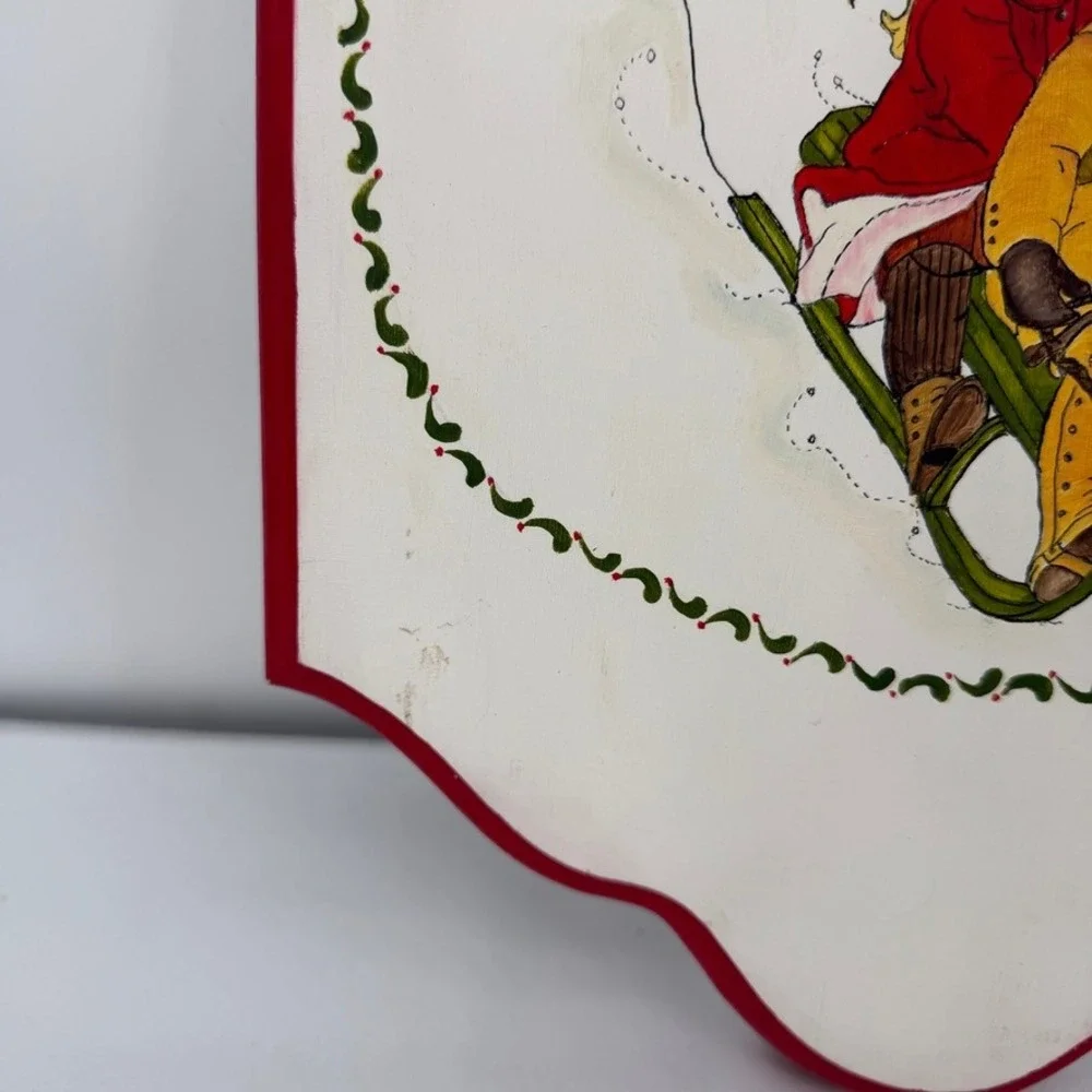 Hand Painted Wall Plaque Sledding Children Heart Cutout Country Cottage Decor‎